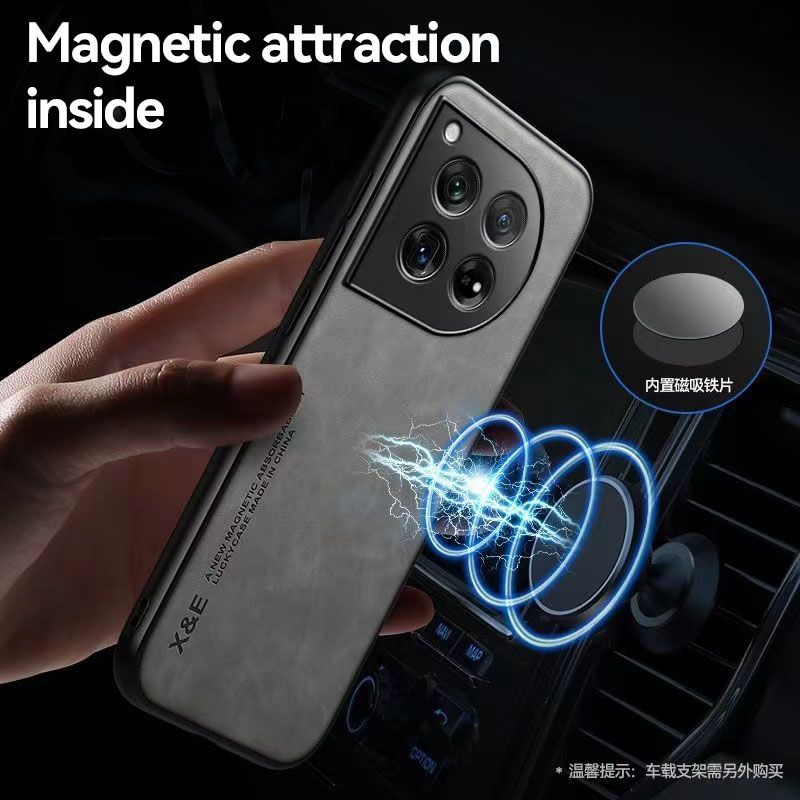 Business Luxury Sheepskin Pattern Leather Invisible Car Mounted Magnetic Phone Case For OnePlus 12 -5G, Shockproof Protective Case