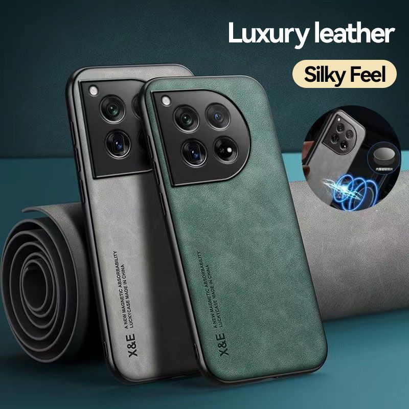 Business Luxury Sheepskin Pattern Leather Invisible Car Mounted Magnetic Phone Case For OnePlus 12 -5G, Shockproof Protective Case