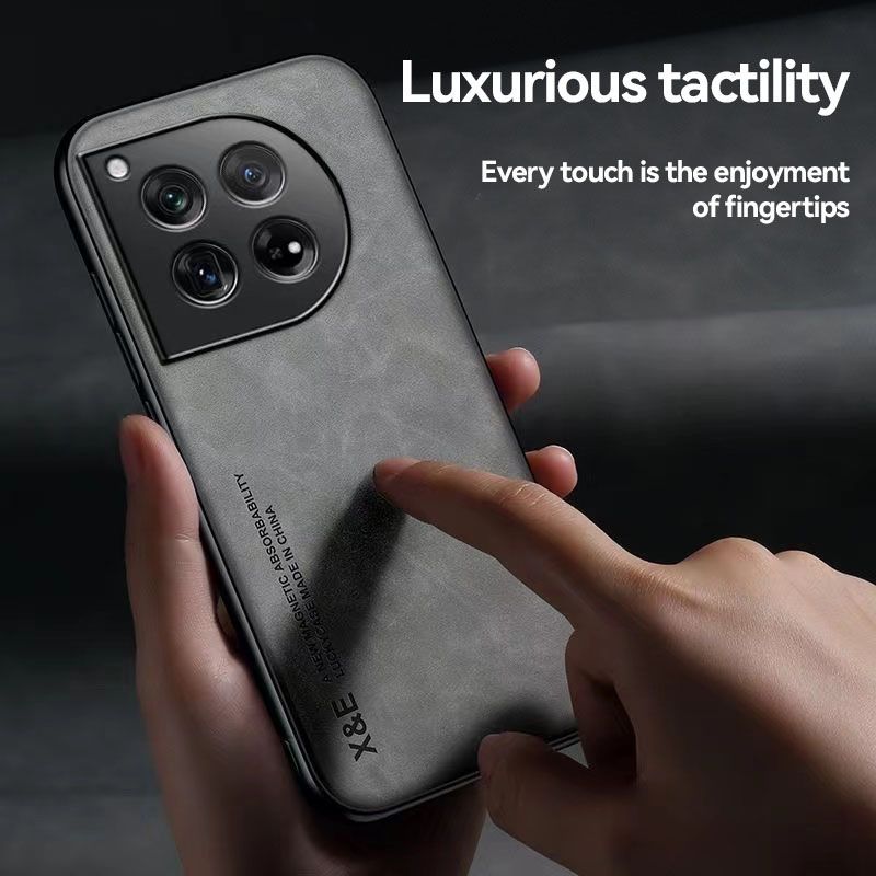 Business Luxury Sheepskin Pattern Leather Invisible Car Mounted Magnetic Phone Case For OnePlus 12 -5G, Shockproof Protective Case