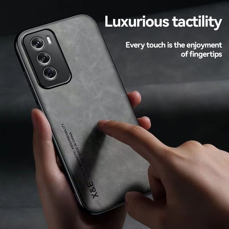 Business Luxury Sheepskin Pattern Leather Invisible Car Mounted Magnetic Phone Case For OPPO Reno 12 -5G, Shockproof Protective Case