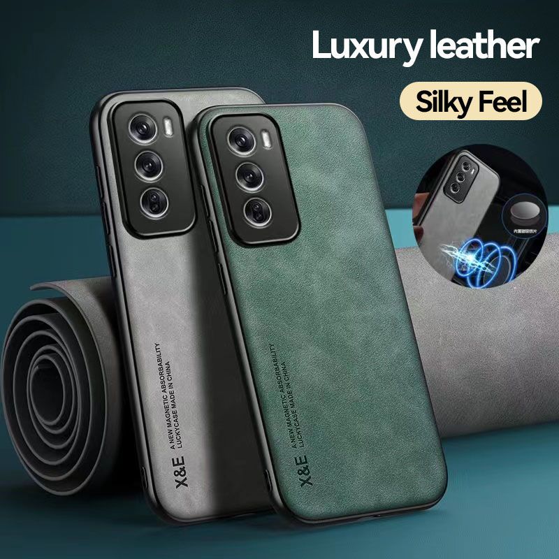 Business Luxury Sheepskin Pattern Leather Invisible Car Mounted Magnetic Phone Case For OPPO Reno 12 -5G, Shockproof Protective Case