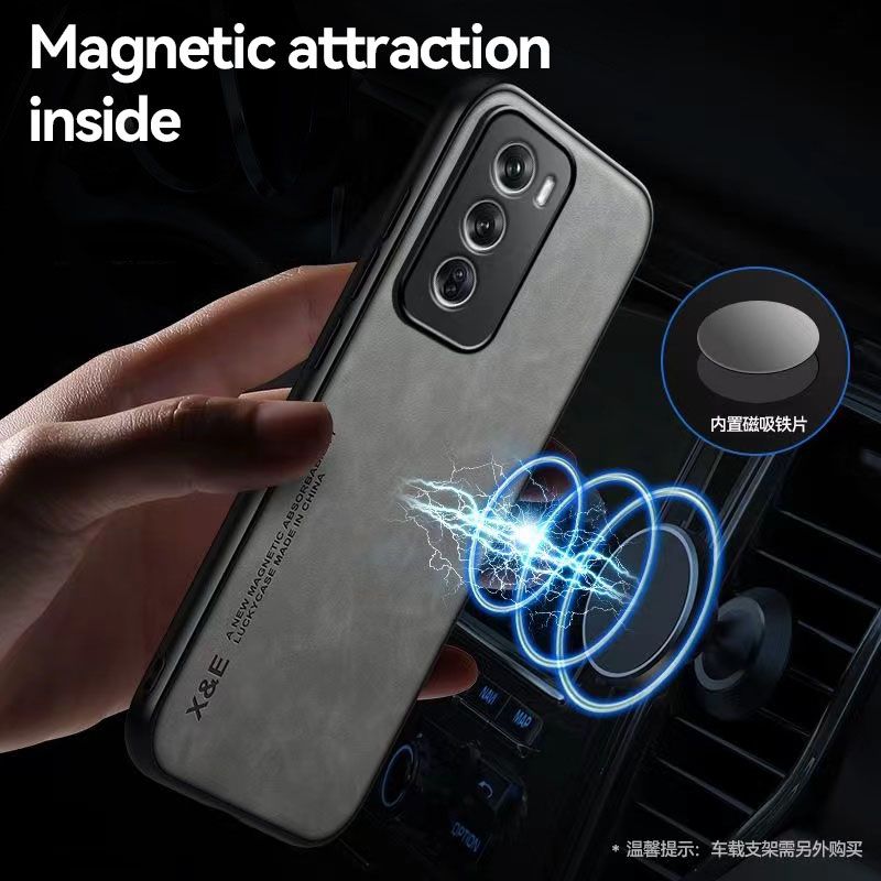 Business Luxury Sheepskin Pattern Leather Invisible Car Mounted Magnetic Phone Case For OPPO Reno 12 -5G, Shockproof Protective Case