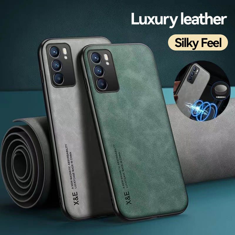 Business Luxury Sheepskin Pattern Leather Invisible Car Mounted Magnetic Phone Case For OPPO Reno 6 -5G, Shockproof Protective Case