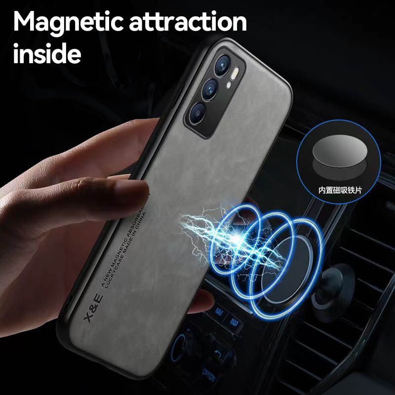 Business Luxury Sheepskin Pattern Leather Invisible Car Mounted Magnetic Phone Case For OPPO Reno 6 -5G, Shockproof Protective Case