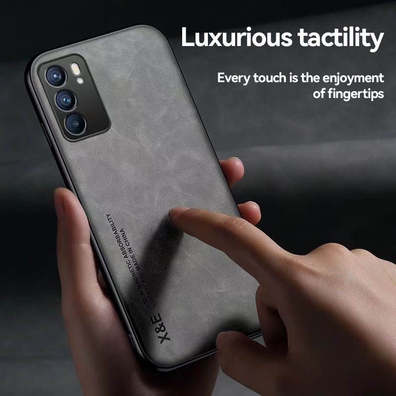 Business Luxury Sheepskin Pattern Leather Invisible Car Mounted Magnetic Phone Case For OPPO Reno 6 -5G, Shockproof Protective Case