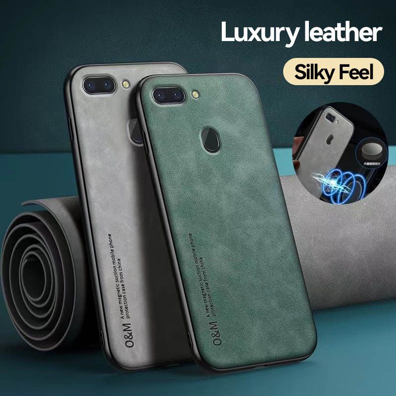 Business Luxury Sheepskin Pattern Leather Invisible Car Mounted Magnetic Phone Case For OPPO R15, Shockproof Protective Case