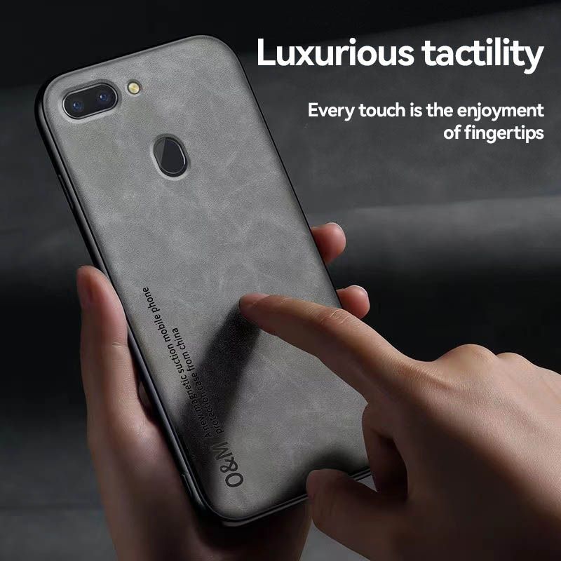 Business Luxury Sheepskin Pattern Leather Invisible Car Mounted Magnetic Phone Case For OPPO R15, Shockproof Protective Case