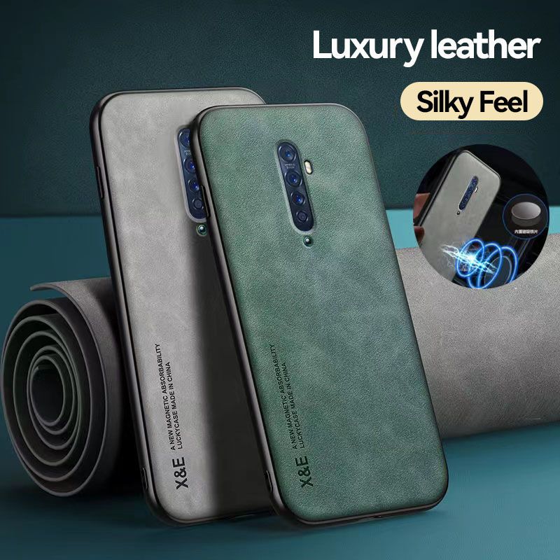 Business Luxury Sheepskin Pattern Leather Invisible Car Mounted Magnetic Phone Case For OPPO Reno 2, Shockproof Protective Case