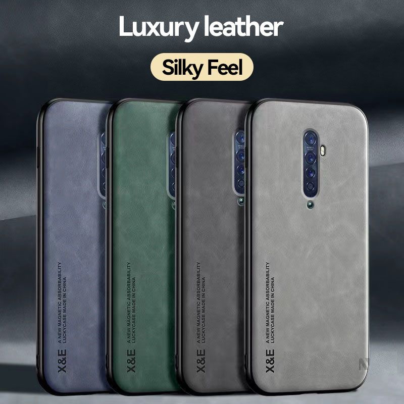 Business Luxury Sheepskin Pattern Leather Invisible Car Mounted Magnetic Phone Case For OPPO Reno 2, Shockproof Protective Case