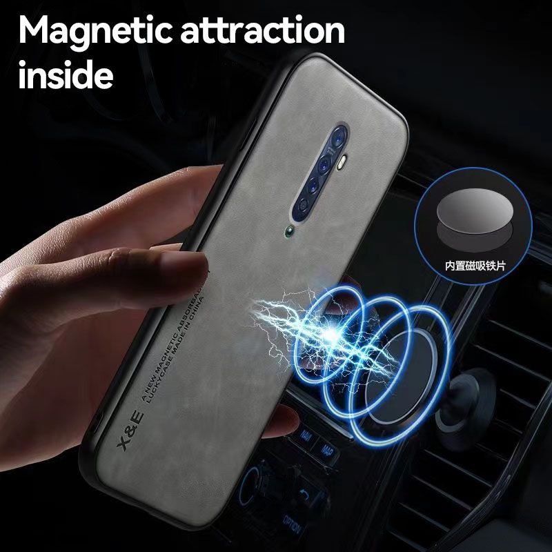 Business Luxury Sheepskin Pattern Leather Invisible Car Mounted Magnetic Phone Case For OPPO Reno 2, Shockproof Protective Case
