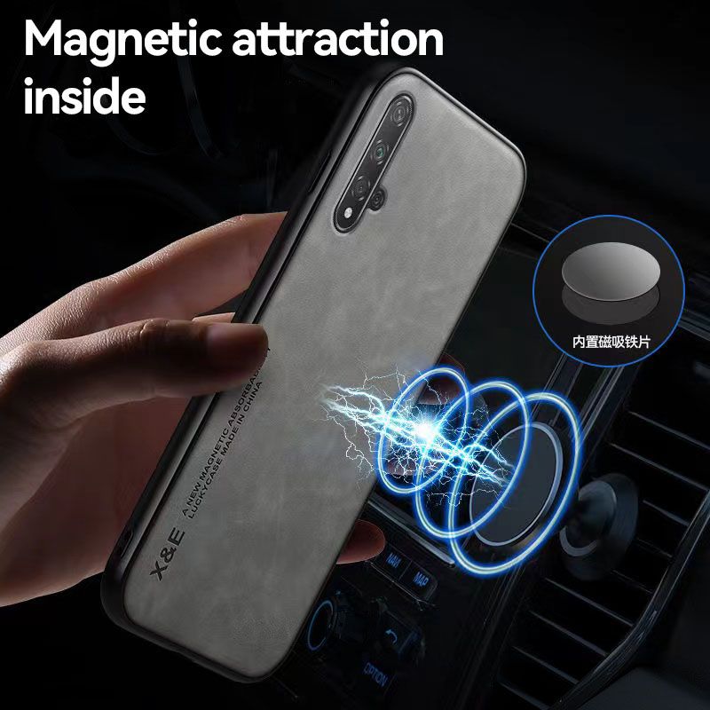 Business Luxury Sheepskin Pattern Leather Invisible Car Mounted Magnetic Phone Case For Huawei Nova 5T / Honor 20, Shockproof Protective Case