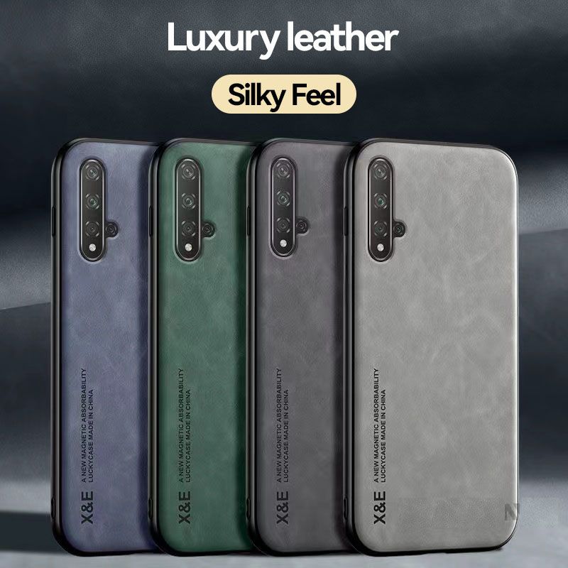Business Luxury Sheepskin Pattern Leather Invisible Car Mounted Magnetic Phone Case For Huawei Nova 5T / Honor 20, Shockproof Protective Case