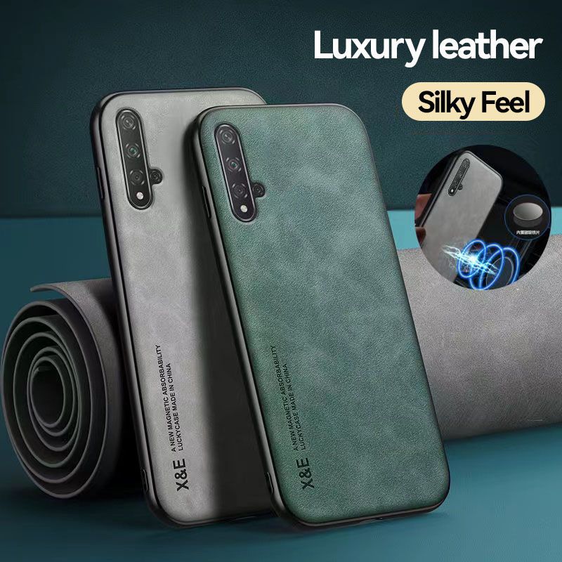 Business Luxury Sheepskin Pattern Leather Invisible Car Mounted Magnetic Phone Case For Huawei Nova 5T / Honor 20, Shockproof Protective Case