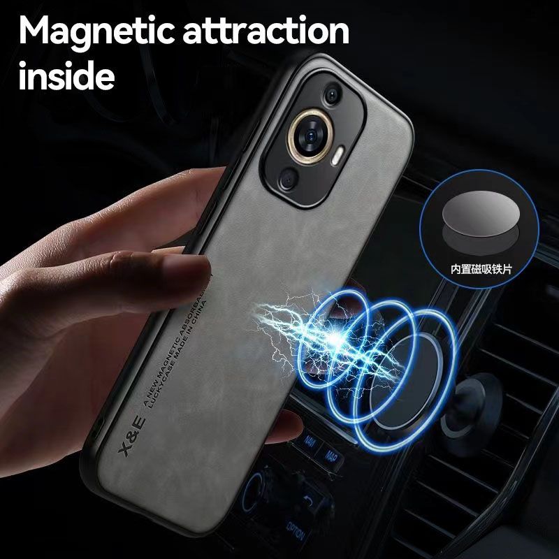 Business Luxury Sheepskin Pattern Leather Invisible Car Mounted Magnetic Phone Case For Huawei Nova 11, Shockproof Protective Case