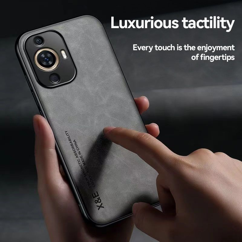 Business Luxury Sheepskin Pattern Leather Invisible Car Mounted Magnetic Phone Case For Huawei Nova 11, Shockproof Protective Case