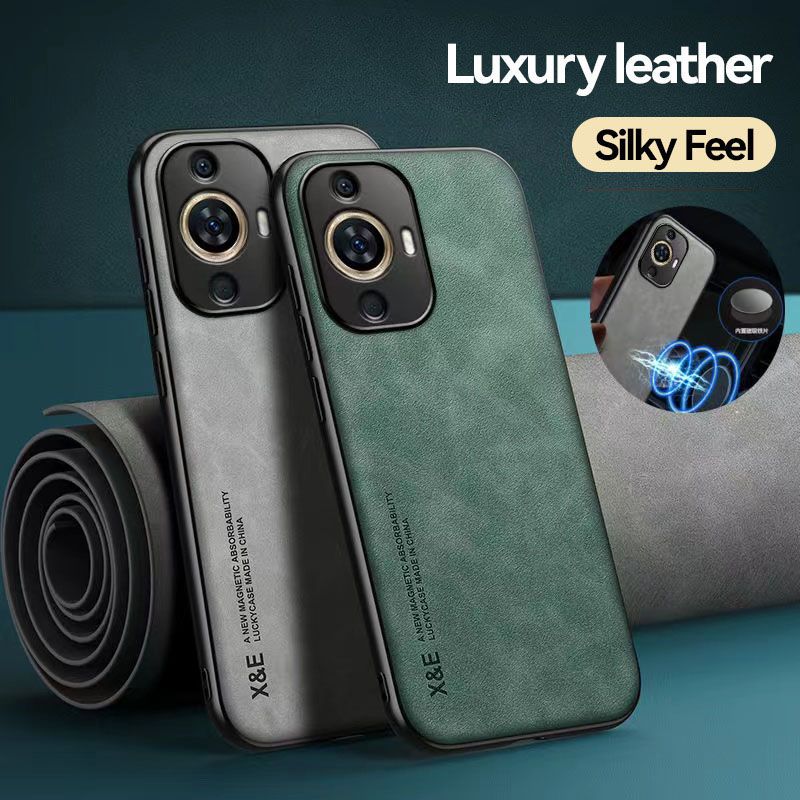 Business Luxury Sheepskin Pattern Leather Invisible Car Mounted Magnetic Phone Case For Huawei Nova 11, Shockproof Protective Case