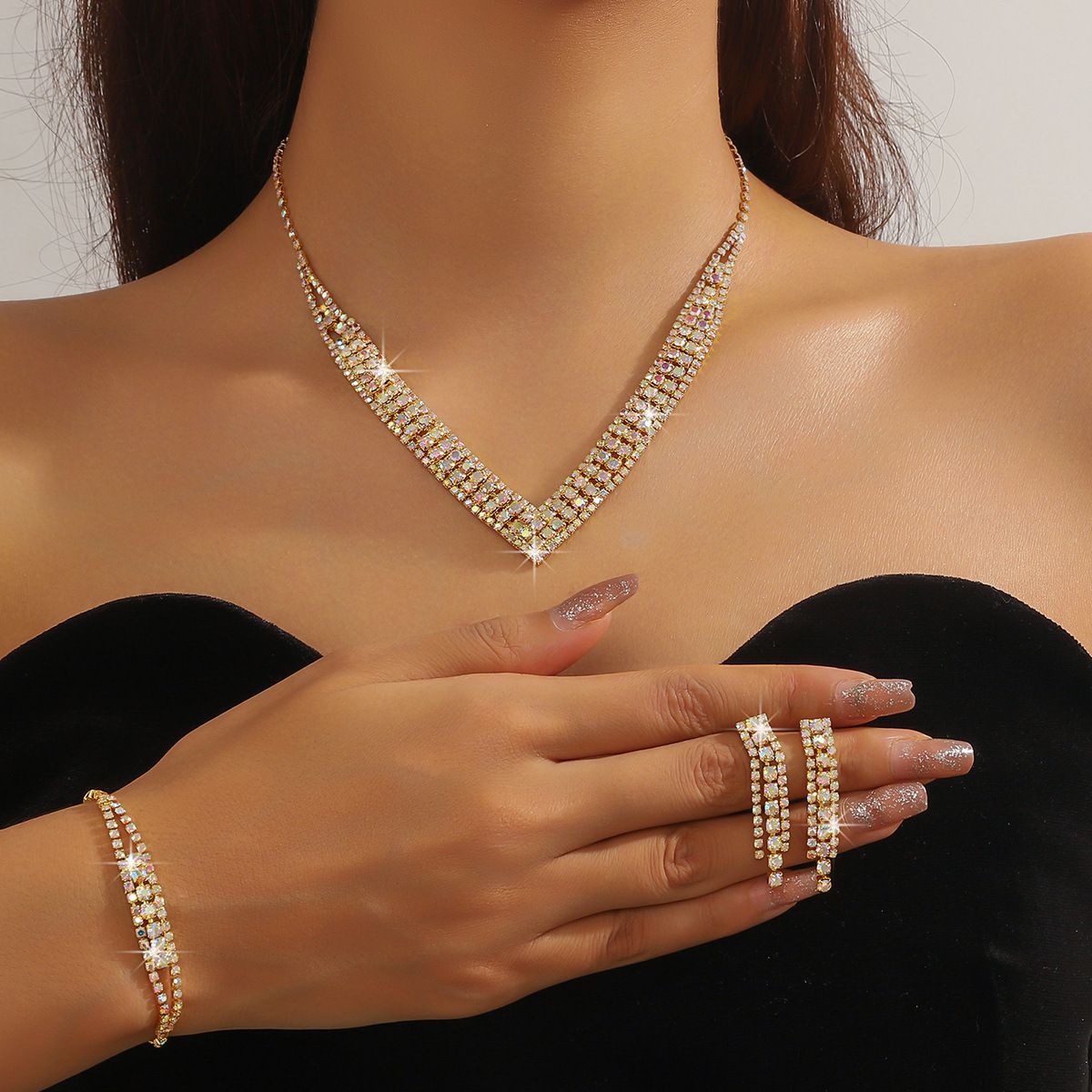 Hot Sale - Fashion Claw Chain Series Rhinestone Full Diamond Necklace Earrings Bracelet