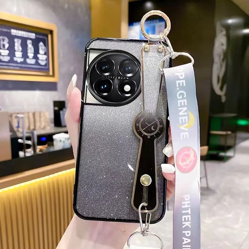 New - Wrist Strap Rope Transparent With Glitter Paper 2 in 1 Phone Case For OnePlus 11 -5G Protective Back Cover