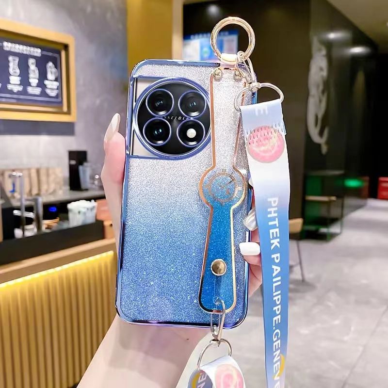 New - Wrist Strap Rope Transparent With Glitter Paper 2 in 1 Phone Case For OnePlus 11 -5G Protective Back Cover