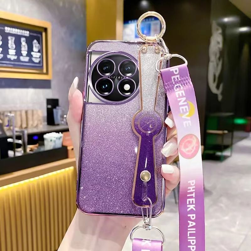 New - Wrist Strap Rope Transparent With Glitter Paper 2 in 1 Phone Case For OnePlus 11 -5G Protective Back Cover