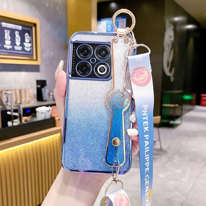 New - Wrist Strap Rope Transparent With Glitter Paper 2 in 1 Phone Case For OnePlus 10 Pro -5G Protective Back Cover
