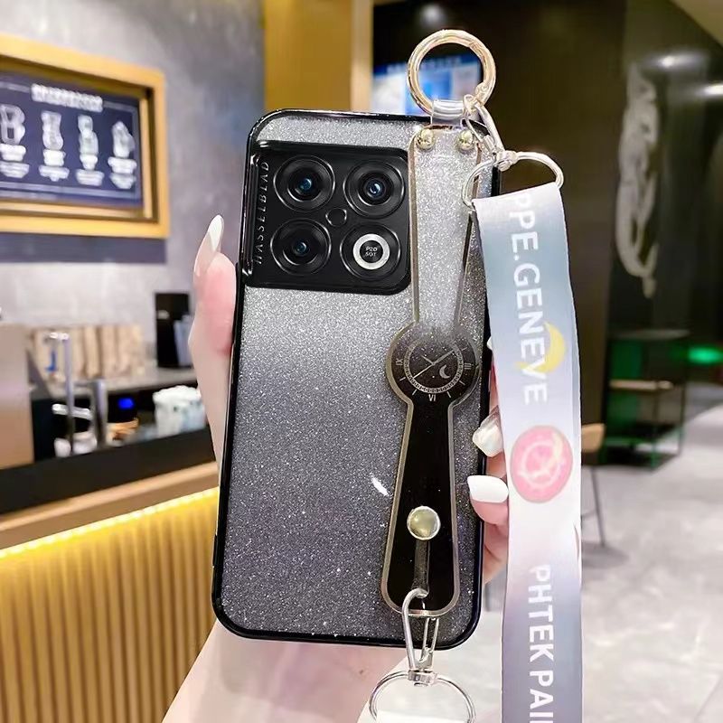 New - Wrist Strap Rope Transparent With Glitter Paper 2 in 1 Phone Case For OnePlus 10 Pro -5G Protective Back Cover