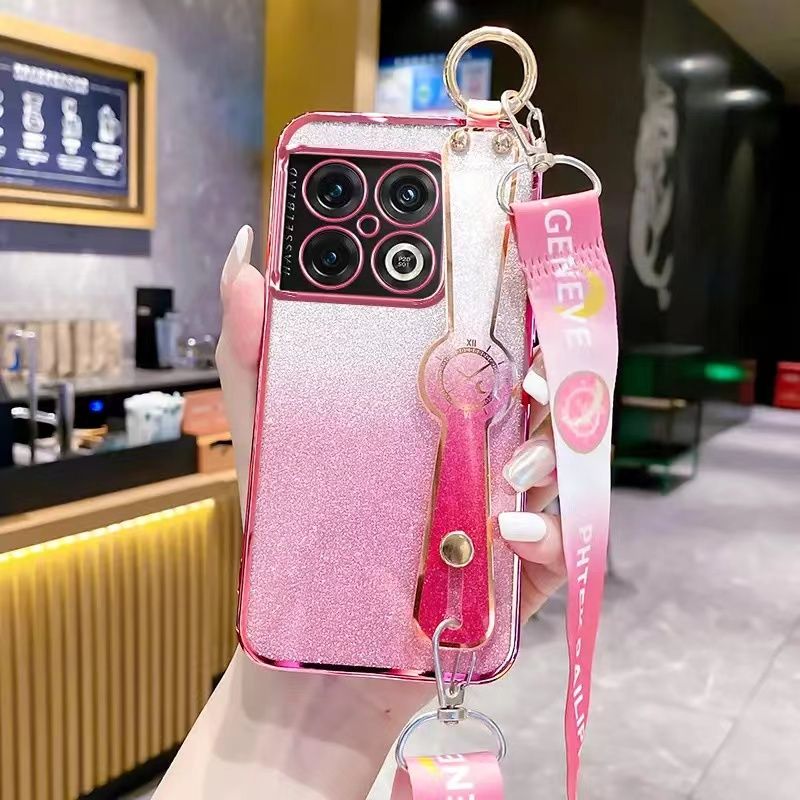 New - Wrist Strap Rope Transparent With Glitter Paper 2 in 1 Phone Case For OnePlus 10 Pro -5G Protective Back Cover