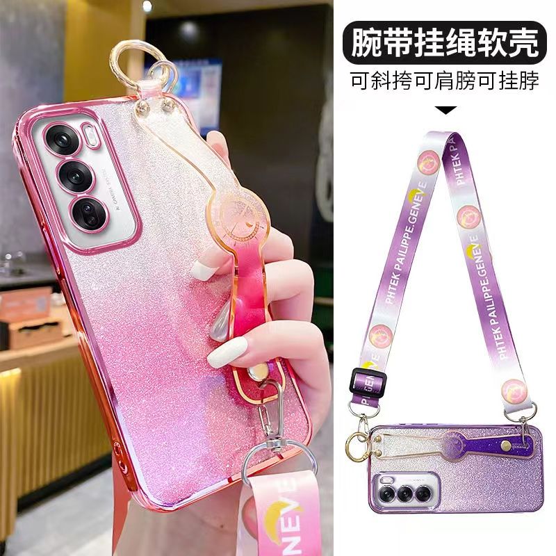 New - Wrist Strap Rope Transparent With Glitter Paper 2 in 1 Phone Case For OPPO Reno 12 -5G/Reno 12 Pro -5G Protective Back Cover