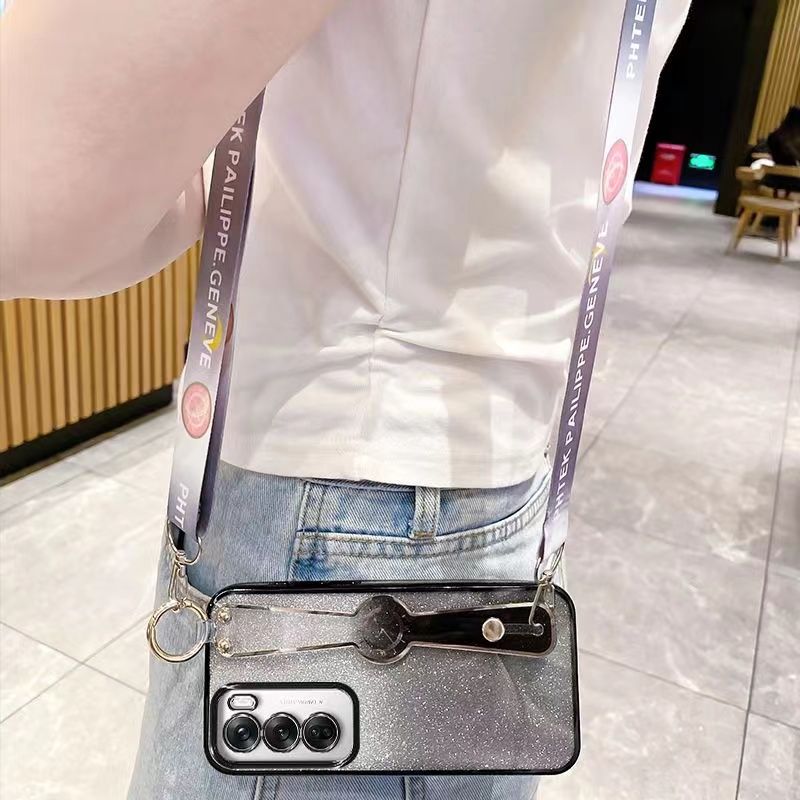New - Wrist Strap Rope Transparent With Glitter Paper 2 in 1 Phone Case For OPPO Reno 12 -5G/Reno 12 Pro -5G Protective Back Cover