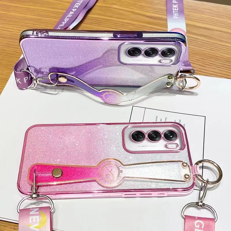New - Wrist Strap Rope Transparent With Glitter Paper 2 in 1 Phone Case For OPPO Reno 12 -5G/Reno 12 Pro -5G Protective Back Cover