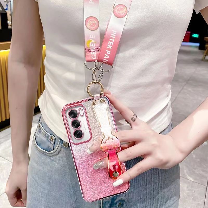 New - Wrist Strap Rope Transparent With Glitter Paper 2 in 1 Phone Case For OPPO Reno 12 -5G/Reno 12 Pro -5G Protective Back Cover