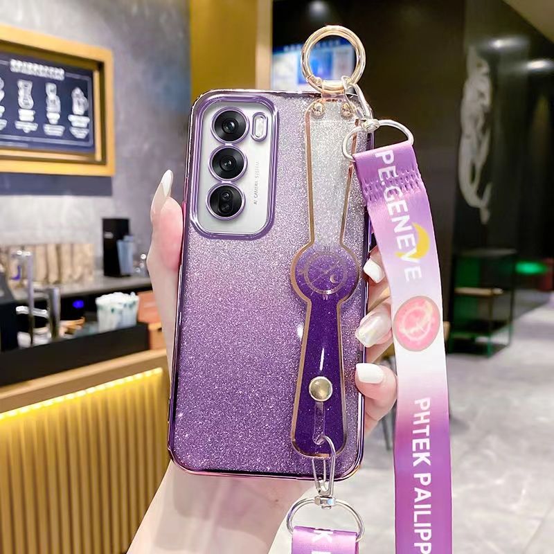 New - Wrist Strap Rope Transparent With Glitter Paper 2 in 1 Phone Case For OPPO Reno 12 -5G/Reno 12 Pro -5G Protective Back Cover