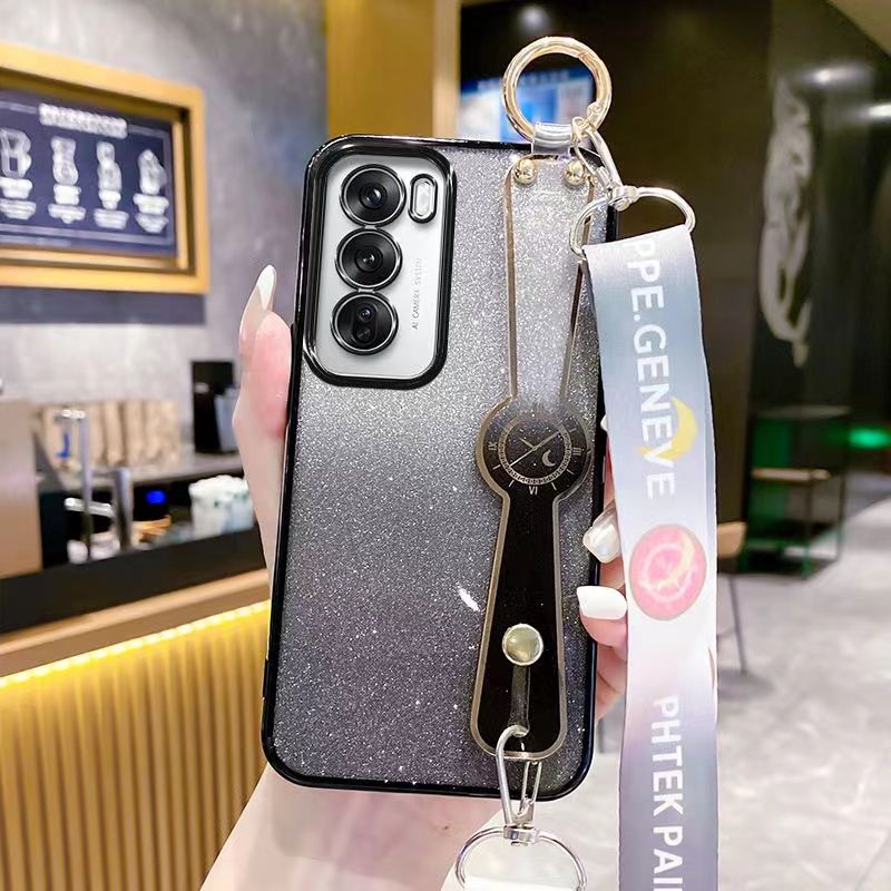 New - Wrist Strap Rope Transparent With Glitter Paper 2 in 1 Phone Case For OPPO Reno 12 -5G/Reno 12 Pro -5G Protective Back Cover