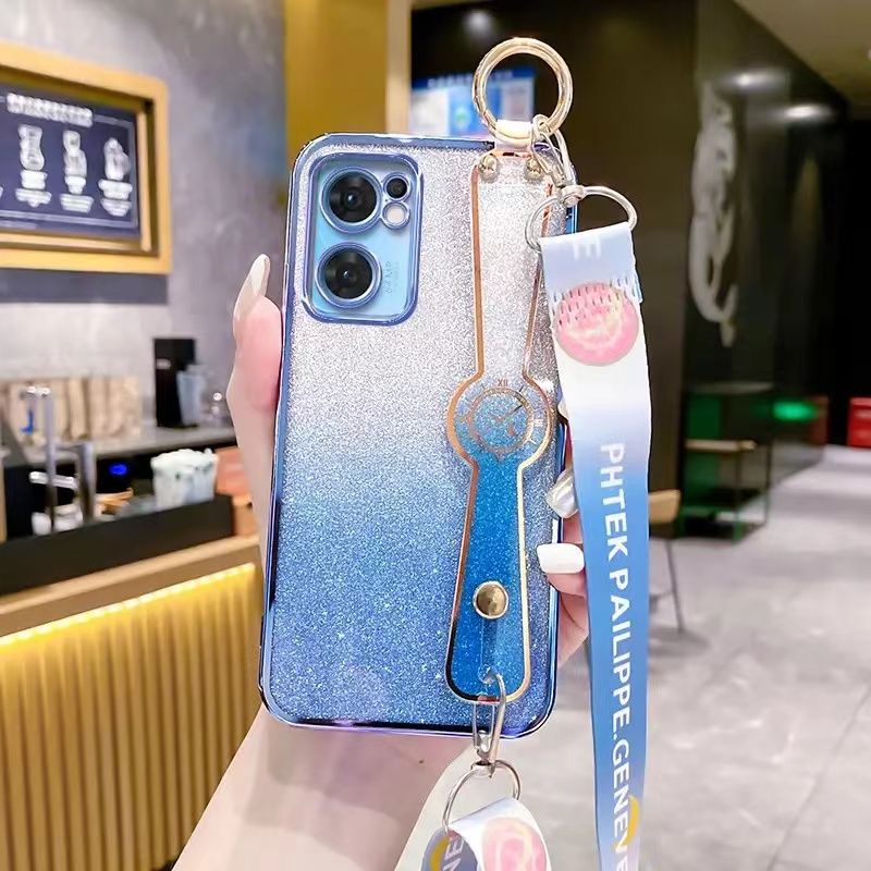 New - Wrist Strap Rope Transparent With Glitter Paper 2 in 1 Phone Case For OPPO Reno 7 -5G Protective Back Cover