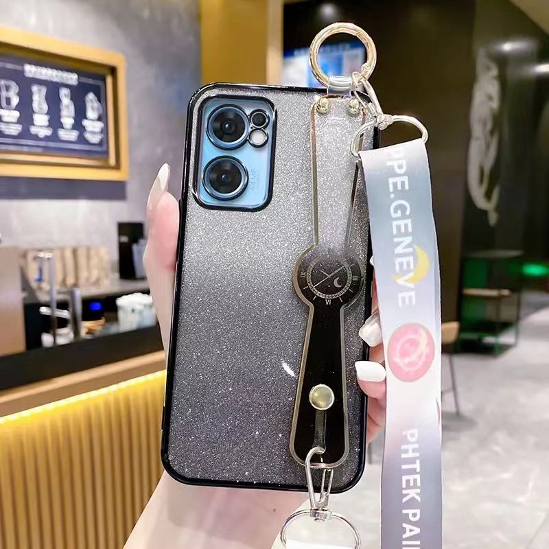 New - Wrist Strap Rope Transparent With Glitter Paper 2 in 1 Phone Case For OPPO Reno 7 -5G Protective Back Cover