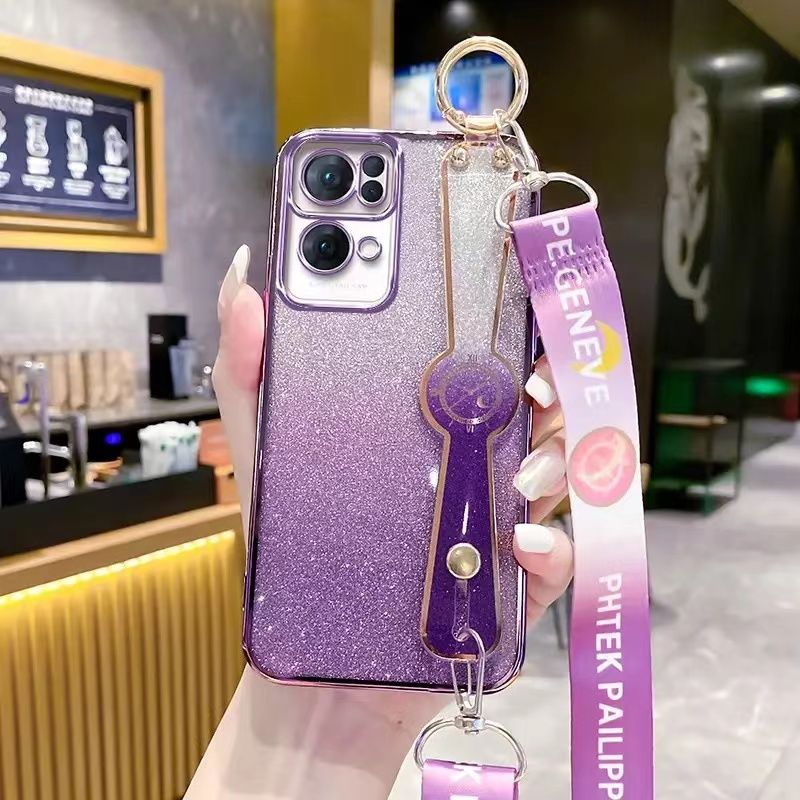 New - Wrist Strap Rope Transparent With Glitter Paper 2 in 1 Phone Case For OPPO Reno 7 Pro -5G Protective Back Cover