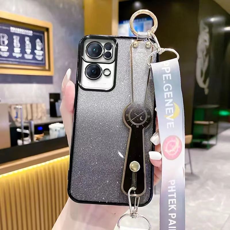 New - Wrist Strap Rope Transparent With Glitter Paper 2 in 1 Phone Case For OPPO Reno 7 Pro -5G Protective Back Cover