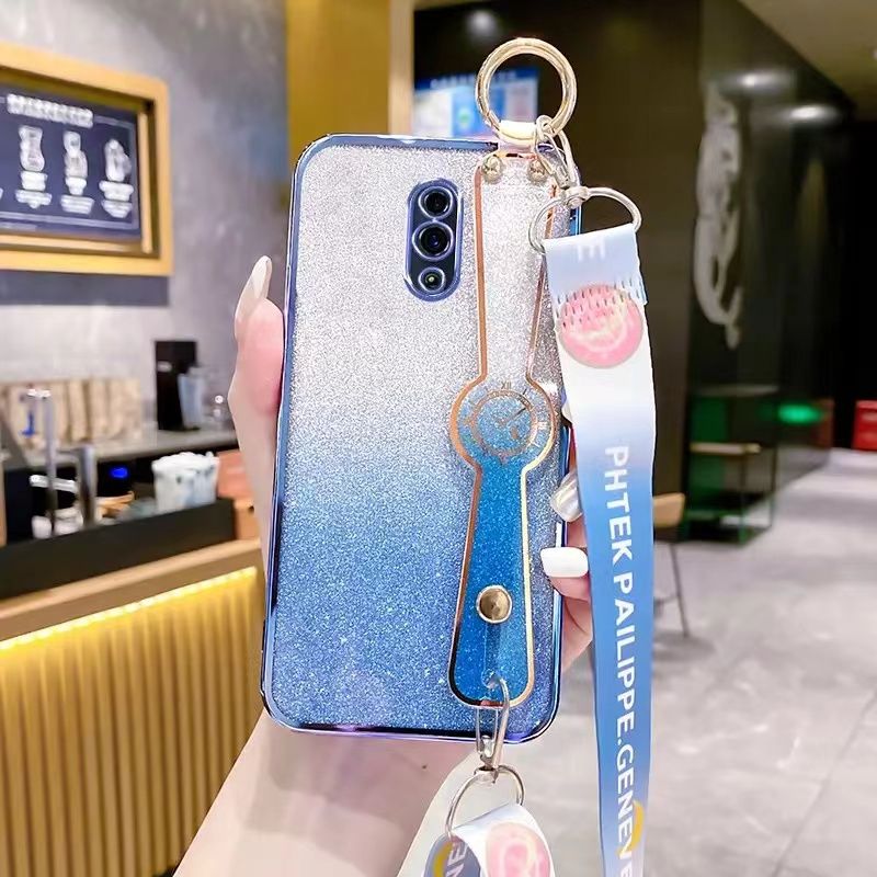 New - Wrist Strap Rope Transparent With Glitter Paper 2 in 1 Phone Case For OPPO Reno Protective Back Cover