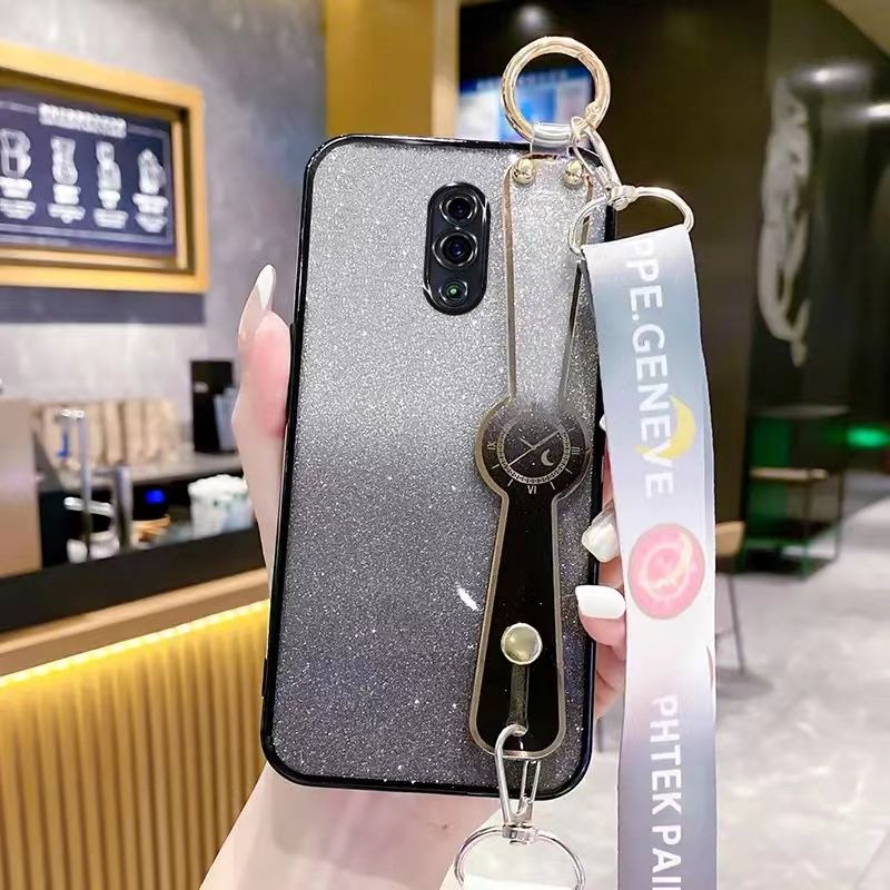 New - Wrist Strap Rope Transparent With Glitter Paper 2 in 1 Phone Case For OPPO Reno Protective Back Cover