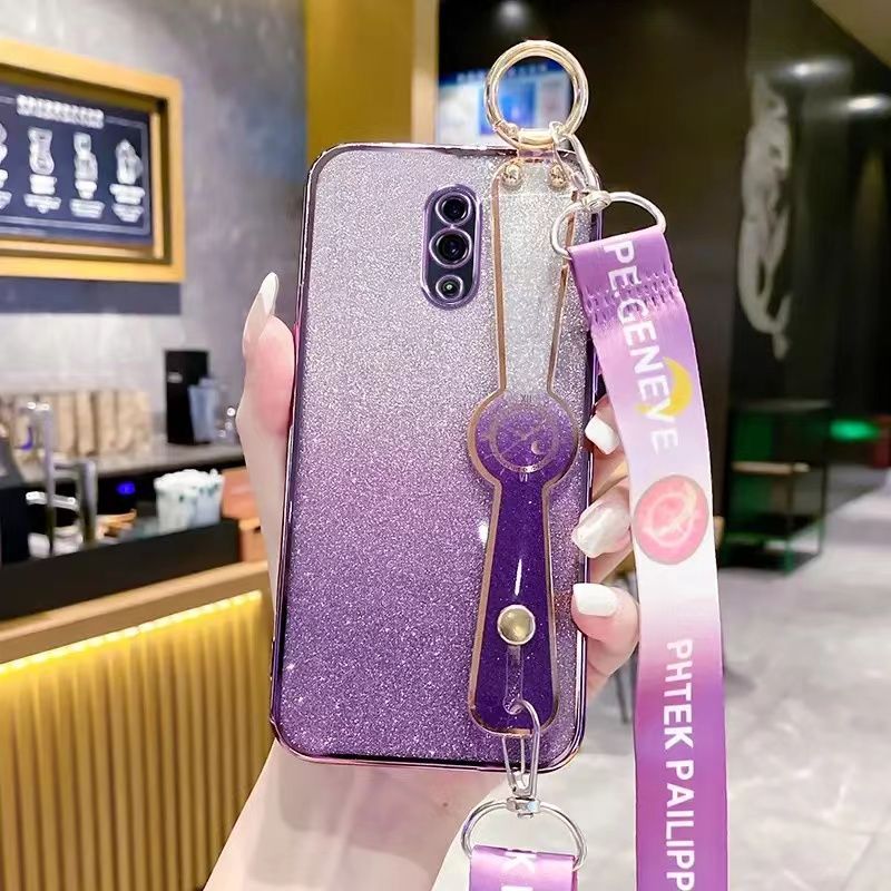 New - Wrist Strap Rope Transparent With Glitter Paper 2 in 1 Phone Case For OPPO Reno Protective Back Cover