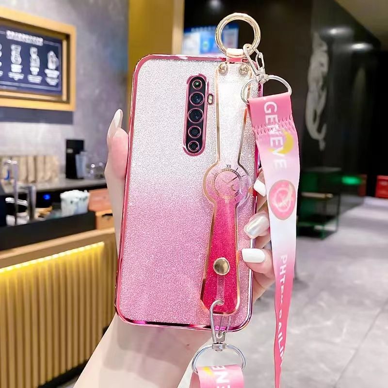 New - Wrist Strap Rope Transparent With Glitter Paper 2 in 1 Phone Case For OPPO Reno 2F/Reno 2Z Protective Back Cover