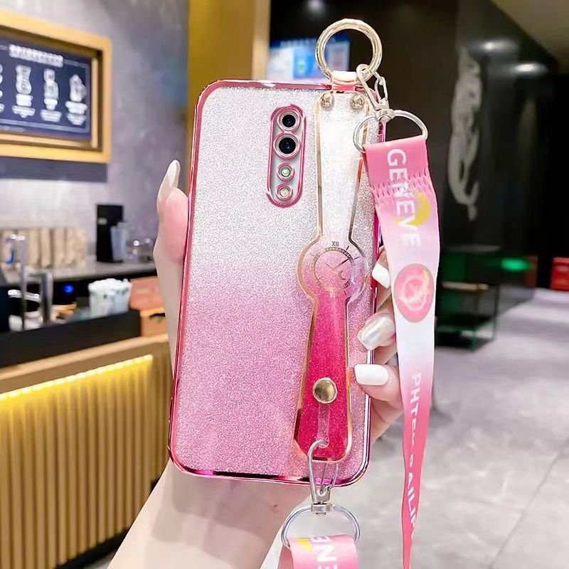 New - Wrist Strap Rope Transparent With Glitter Paper 2 in 1 Phone Case For OPPO Reno Z Protective Back Cover