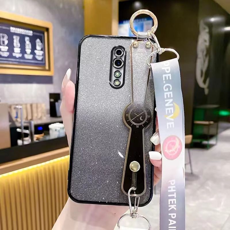 New - Wrist Strap Rope Transparent With Glitter Paper 2 in 1 Phone Case For OPPO Reno Z Protective Back Cover