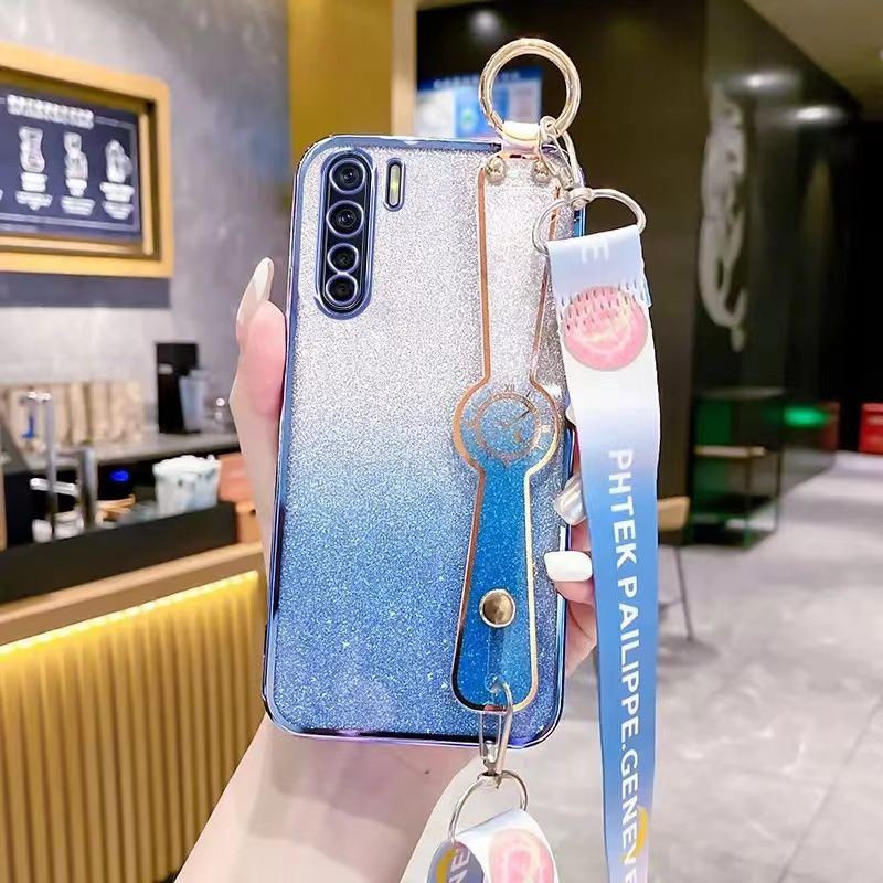 New - Wrist Strap Rope Transparent With Glitter Paper 2 in 1 Phone Case For OPPO Reno 3 -4G/OPPO A91 Protective Back Cover