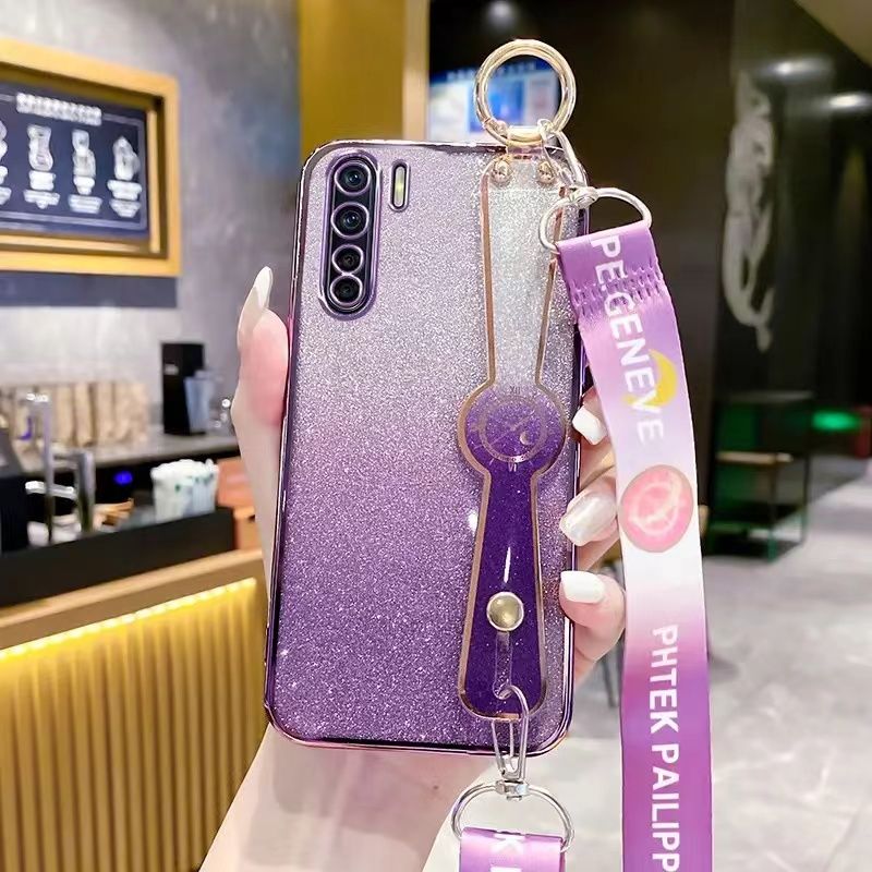 New - Wrist Strap Rope Transparent With Glitter Paper 2 in 1 Phone Case For OPPO Reno 3 -4G/OPPO A91 Protective Back Cover