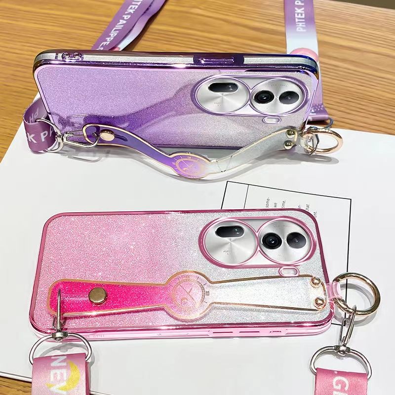 New - Wrist Strap Rope Transparent With Glitter Paper 2 in 1 Phone Case For OPPO Reno 11 Pro -5G Protective Back Cover