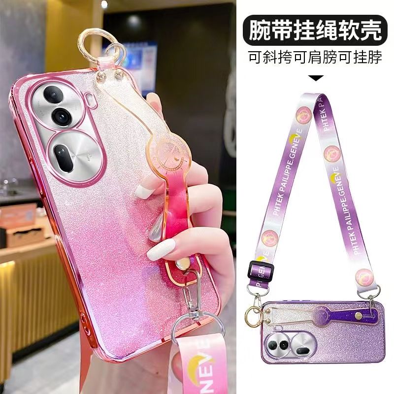 New - Wrist Strap Rope Transparent With Glitter Paper 2 in 1 Phone Case For OPPO Reno 11 Pro -5G Protective Back Cover