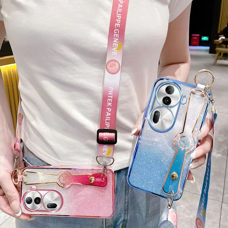 New - Wrist Strap Rope Transparent With Glitter Paper 2 in 1 Phone Case For OPPO Reno 11 Pro -5G Protective Back Cover