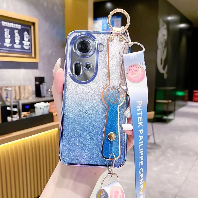 New - Wrist Strap Rope Transparent With Glitter Paper 2 in 1 Phone Case For OPPO Reno 11 -5G Protective Back Cover