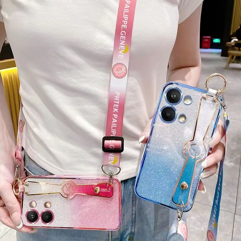 New - Wrist Strap Rope Transparent With Glitter Paper 2 in 1 Phone Case For OPPO Reno 9 -5G/Reno 9 Pro -5G Protective Back Cover